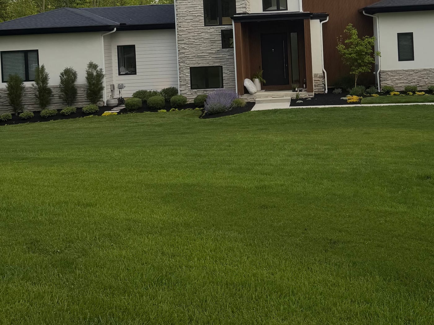 Freshly planted foundation beds with clipped shrubs, flowering perennials, dark mulch, and a crisp cut edge along a new lawn
